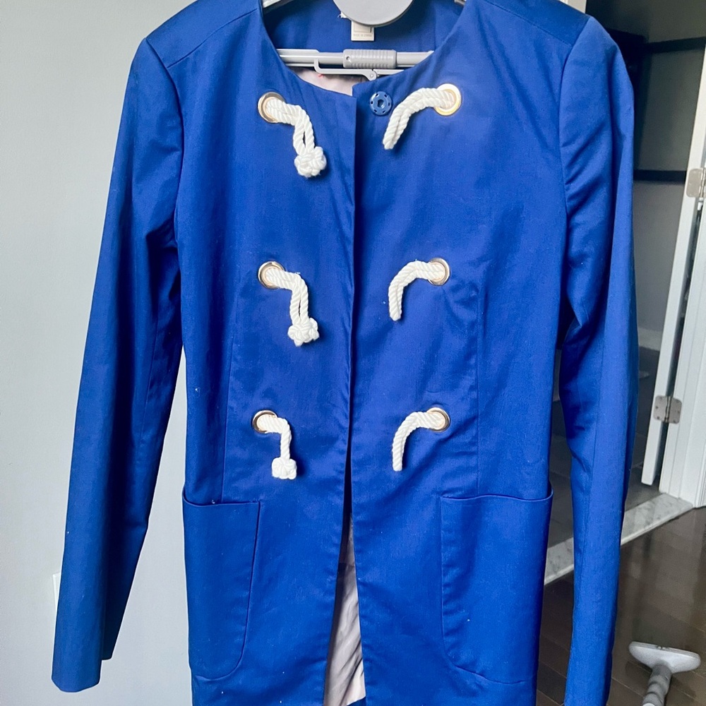 J. Crew Blue Trench Coat with Decorative Trim